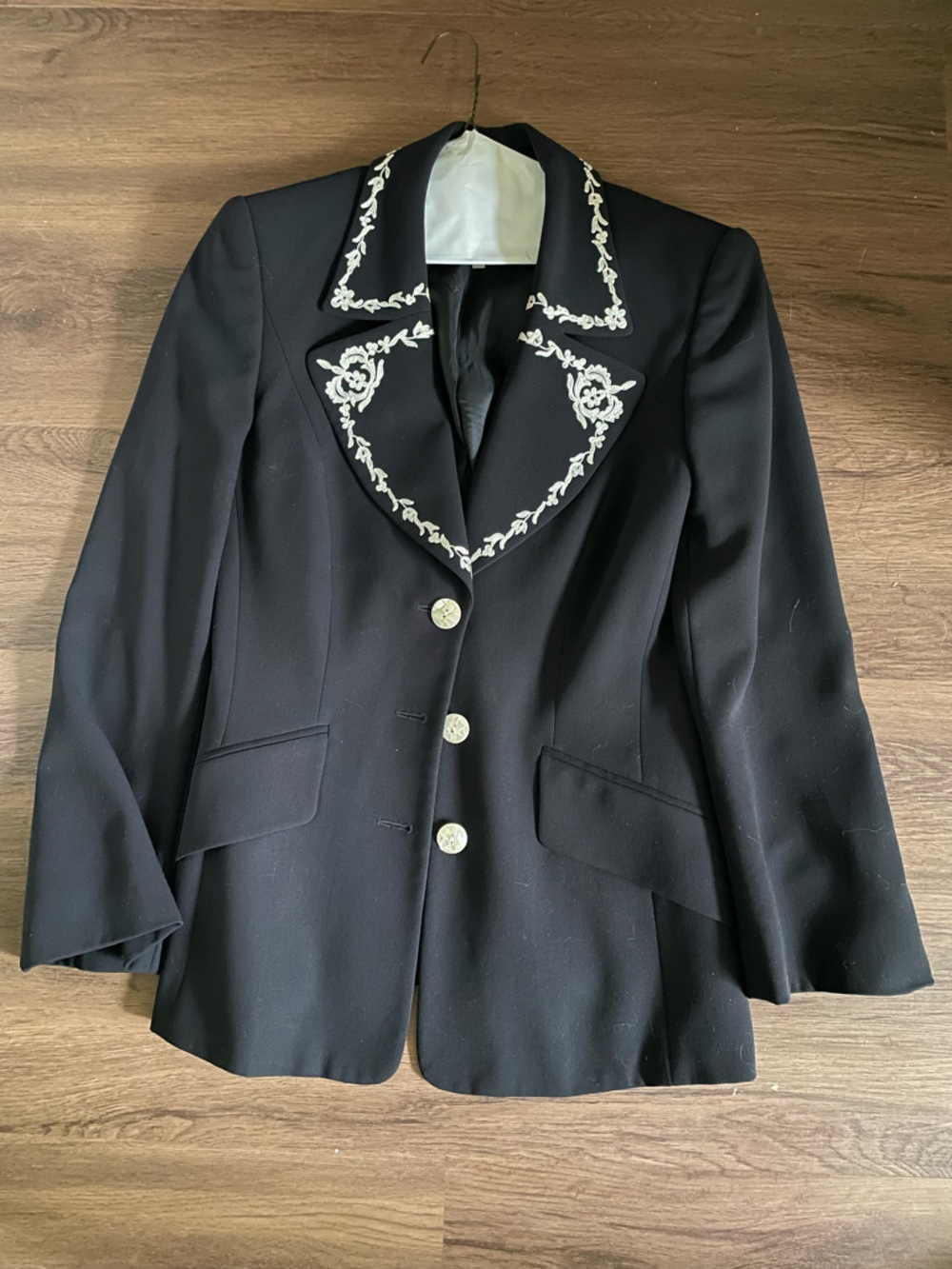 Escada Black Blazer with White Embroidered Notched Collar